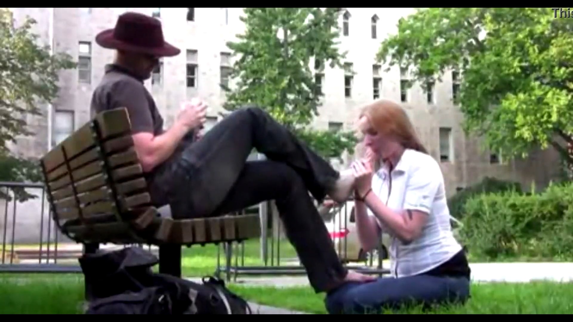Sub Girl Licks Man’s Feet In Park